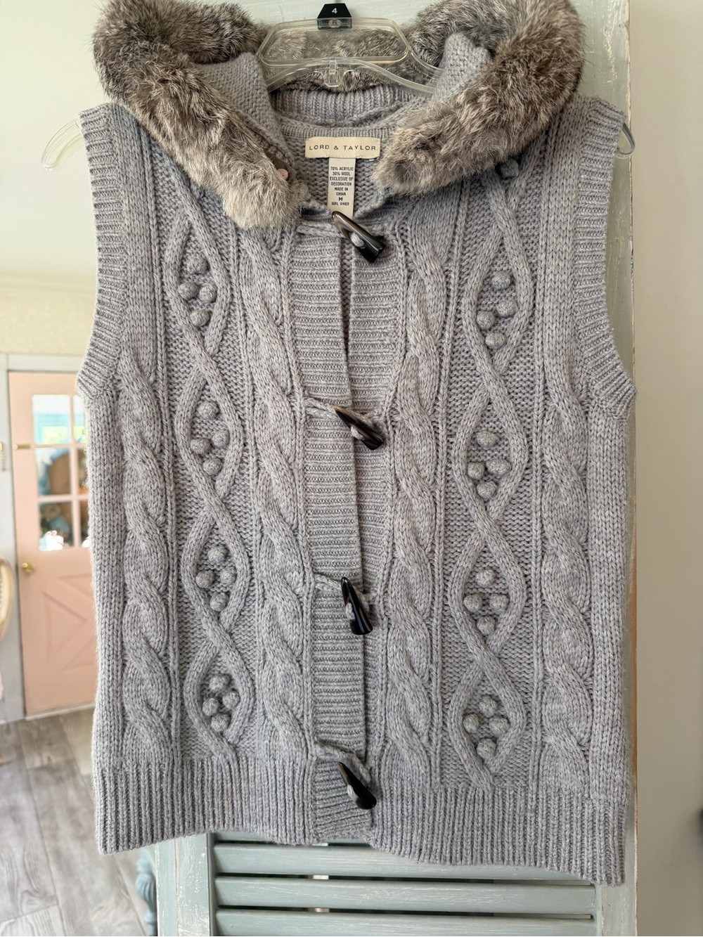 Lord & Taylor Gray Cable Knit Sleeveless Cardigan with Fur Collar
